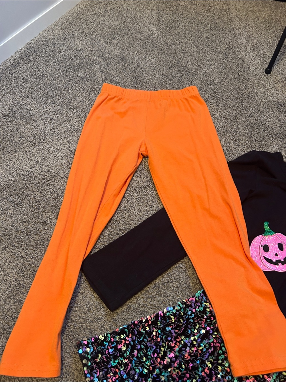 Girls Black Pumpkin Sequin Halloween Dress with Orange Leggings - Picture 7 of 8